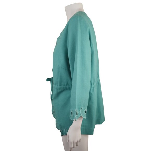 Bob Mackie Wearable Art Scalloped Eyelet Tie Front Jacket Green Blue Womens L - Picture 5 of 8